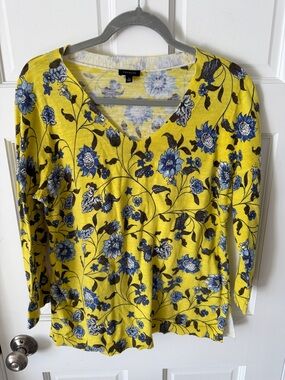 Talbots Lightweight 100% cotton V-Neck Botanical Floral sweater 3/4 sleeve Large
